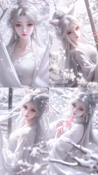 古典美女，国风，精致透光古装，蜀绣刺，白色长发，华丽发鬓，柳眉，大眼睛，桃花唇，毛绒绒的狐狸大耳朵！狐狸大尾巴！肤质细膩，超清五官，脸上打光，自然光，柔和的光线，对称构图，长焦镜头，细膩纹理，32k高清壁纸，超高清画质，绝美容颜，广角镜头，全景透视，正面图，仙侠风格