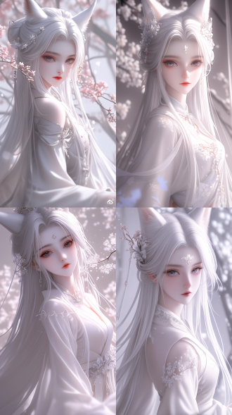 古典美女，国风，精致透光古装，蜀绣刺，白色长发，华丽发鬓，柳眉，大眼睛，桃花唇，毛绒绒的狐狸大耳朵！狐狸大尾巴！肤质细膩，超清五官，脸上打光，自然光，柔和的光线，对称构图，长焦镜头，细膩纹理，32k高清壁纸，超高清画质，绝美容颜，广角镜头，全景透视，正面图，仙侠风格