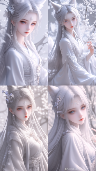 古典美女，国风，精致透光古装，蜀绣刺绣，白色长发，华丽发鬓，精致五官，桃花唇，毛绒绒的狐狸大耳朵！身后一条大尾巴！肤质细膩，超清，脸上打光，自然光，柔和的光线，对称构图，长焦镜头，细膩纹理，32k高清壁纸，超高清画质，绝美容颜，广角镜头，全景透视，面对镜头，真实质感