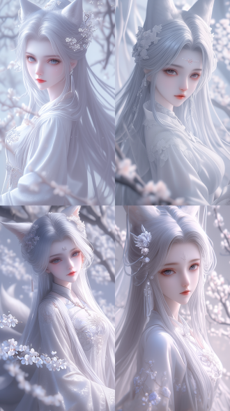 古典美女，国风，精致透光古装，蜀绣刺绣，白色长发，华丽发鬓，精致五官，桃花唇，毛绒绒的狐狸大耳朵！身后一条大尾巴！青丘狐，肤质细膩，超清，脸上打光，自然光，柔和的光线，对称构图，长焦镜头，细膩纹理，32k高清壁纸，超高清画质，绝美容颜，广角镜头，全景透视，面对镜头，真实质感