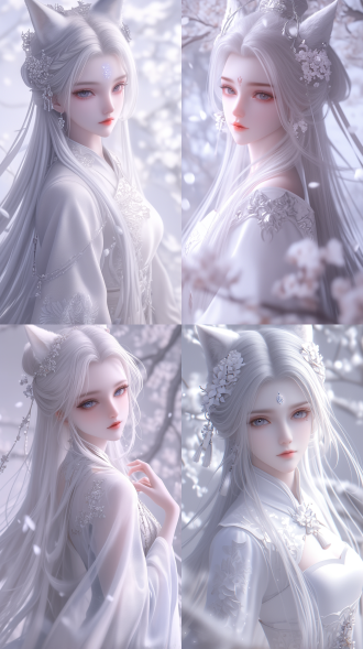 古典美女，国风，精致透光古装，蜀绣刺绣，白色长发，华丽发鬓，精致五官，桃花唇，毛绒绒的狐狸大耳朵！身后一条大尾巴！青丘狐，肤质细膩，超清，脸上打光，自然光，柔和的光线，对称构图，长焦镜头，细膩纹理，32k高清壁纸，超高清画质，绝美容颜，广角镜头，全景透视，面对镜头，真实质感