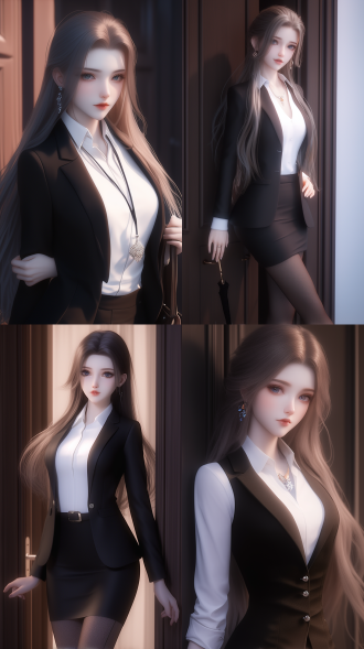 一个女孩，长发大波浪，绝美容貌，精致五官，白晰皮肤，正面看我，柔光，倚在门边，温柔看我，西装革履，白领，自然光