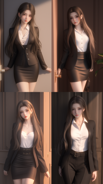 一个中国女孩，长发大波浪，绝美容貌，精致五官，白晰皮肤，正面看我，自然光，倚在门边，温柔看我，西装革履，白领，自然光，身材火辣，曲线优美