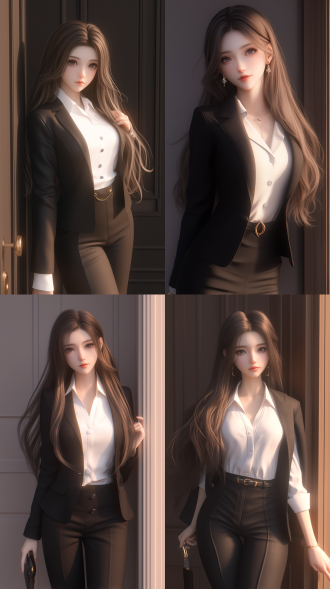 一个中国女孩，长发大波浪，绝美容貌，精致五官，白晰皮肤，正面看我，自然光，倚在门边，温柔看我，西装革履，白领，自然光，身材火辣，曲线优美，真实质感。