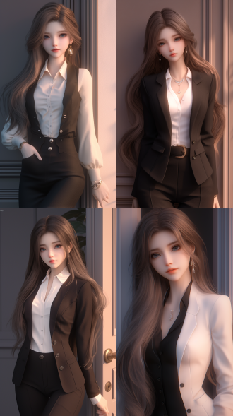 一个中国女孩，长发大波浪，绝美容貌，精致五官，白晰皮肤，正面看我，自然光，倚在门边，温柔看我，西装革履，白领，自然光，身材火辣，曲线优美，真实质感，对称构图。细膩纹理。