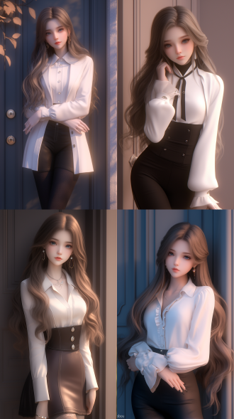 一个中国女孩，长卷发，绝美容貌，精致五官，白晰皮肤，正面看我，自然光，倚在门边，温柔看我，西装革履，白领，强势，自然光，身材火辣，曲线优美，真实质感，对称构图。细膩纹理。