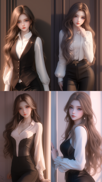 一个中国女孩，长卷发，绝美容貌，精致五官，白晰皮肤，正面看我，自然光，倚在门边，温柔看我，西装革履，白领，强势，自然光，身材火辣，曲线优美，真实质感，对称构图。细膩纹理。