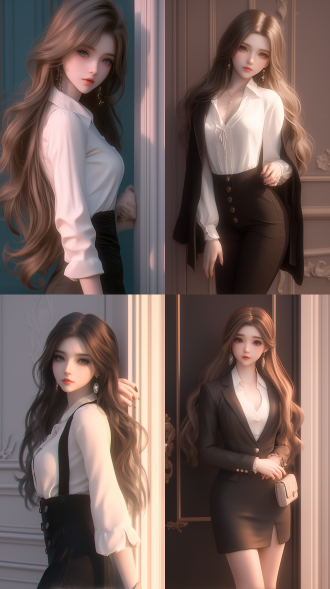 一个中国女孩，长卷发，绝美容貌，精致五官，白晰皮肤，正面看我，自然光，倚在门边，温柔看我，西装革履，白领，强势，自然光，身材火辣，曲线优美，真实质感，对称构图。细膩纹理。