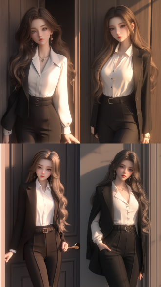 一个中国女孩，长卷发，绝美容貌，精致五官，白晰皮肤，正面看我，自然光，倚在门边，温柔看我，西装革履，白领，气质强势，自然光，身材火辣，曲线优美，真实质感，对称构图，细膩纹理，真实比例。