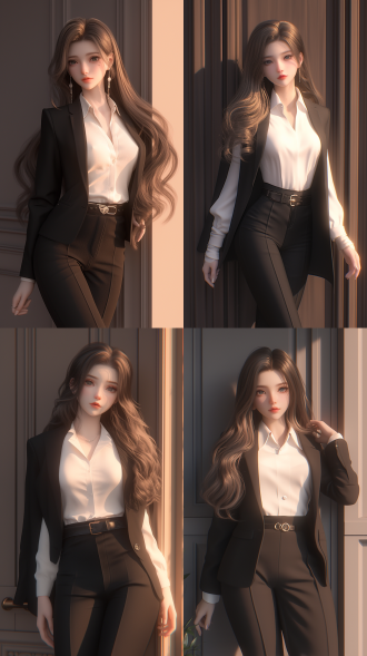 一个中国女孩，长卷发，绝美容貌，精致五官，白晰皮肤，正面看我，自然光，倚在门边，温柔看我，西装革履，白领，气质强势，自然光，身材火辣，曲线优美，真实质感，对称构图，细膩纹理，真实比例。
