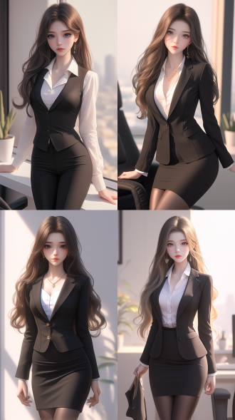 一个中国女孩，长卷发，绝美容貌，霸气的眼神，精致五官，白晰皮肤，正面看我，自然光，办公室，温柔看我，西装革履，白领，气质强势，身材火辣，曲线优美，真实质感，动漫增强，对称构图，细膩纹理，