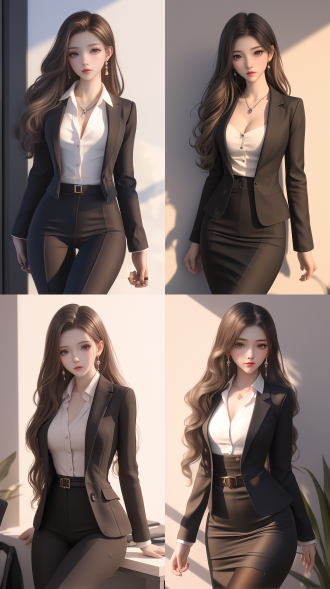 一个中国女孩，长卷发，绝美容貌，霸气的眼神，精致五官，白晰皮肤，正面看我，自然光，办公室，温柔看我，西装革履，白领，气质强势，身材火辣，曲线优美，真实质感，动漫增强，对称构图，细膩纹理，