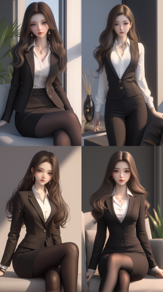 一个中国女孩，长卷发，绝美容貌，霸气的眼神，精致五官，白晰皮肤，正面看我，自然光，办公室，温柔看我，西装革履，白领，气质强势，身材火辣，曲线优美，真实质感，动漫增强，对称构图，细膩纹理，