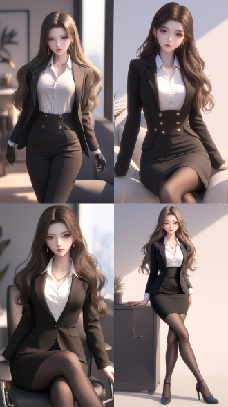 一个中国女孩，长卷发，绝美容貌，霸气的眼神，精致五官，白晰皮肤，正面看我，自然光，办公室，西装革履，白领，黑丝气质强势，一脸怒意，生气，身材火辣，真实质感，动漫增强，对称构图，细膩纹理，