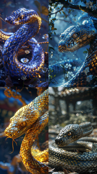 蛇，电影质感，神秘东方美学，8k高清，宏伟场景，细腻毛发，庄严表情，金色鳞片，广角镜头，柔和侧光，神秘氛围，庄严感，金色与深蓝调，神秘与威严，正面，全身，震撼。cg，三维，虚幻引擎，仙侠世界。