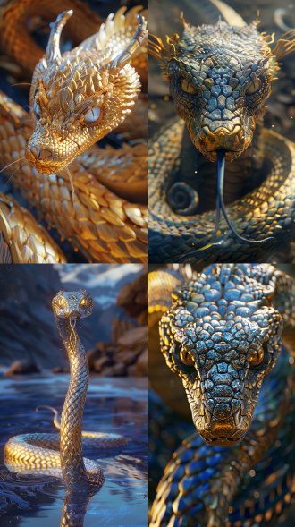 神蛇，电影质感，神秘东方美学，8k高清，宏伟场景，细腻毛发，庄严表情，金色鳞片，广角镜头，柔和侧光，神秘氛围，庄严感，金色与深蓝调，神秘与威严，正面，全身，震撼，cg，三维，虚幻引擎，仙侠世界。