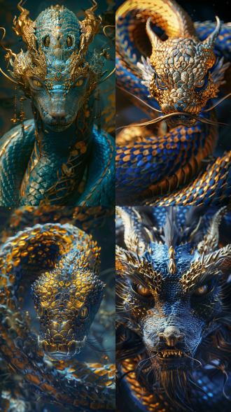 神蛇，电影质感，神秘东方美学，8k高清，宏伟场景，细腻毛发，庄严表情，金色鳞片，广角镜头，柔和侧光，神秘氛围，庄严感，金色与深蓝调，神秘与威严，正面，全身，震撼，cg，三维，虚幻引擎，仙侠世界。