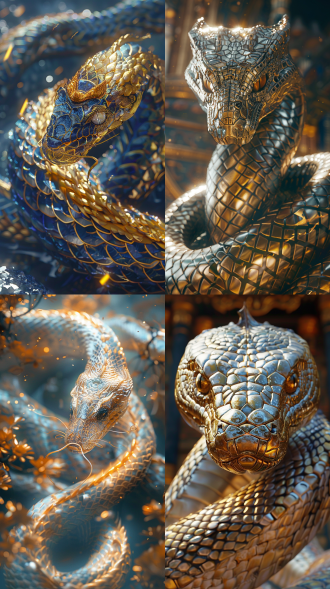 神蛇，电影质感，神秘东方美学，8k高清，宏伟场景，细腻毛发，庄严表情，细节，金色鳞片，广角镜头，柔和侧光，神秘氛围，庄严感，金色与深蓝调，神秘与威严，正面，全身，震撼，cg，三维，虚幻引擎，仙侠世界。