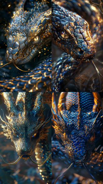 仙蛇，龙角，眼神有流光，电影质感，神秘东方美学，8k高清，宏伟场景，细腻毛发，庄严表情，细节，金色鳞片，广角镜头，柔和侧光，神秘氛围，庄严感，金色与深蓝调，神秘与威严，正面，全身，震撼，cg，三维，虚幻引擎，仙侠世界。