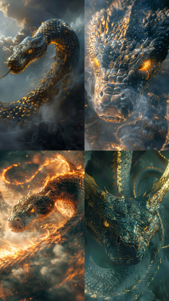 仙蛇，龙角，眼神有流光，腾云驾雾，电影质感，神秘东方美学，8k高清，宏伟场景，细腻毛发，庄严表情，细节，金色鳞片，广角镜头，柔和侧光，神秘氛围，庄严感，金色与深蓝调，神秘与威严，正面，全身，震撼，cg，三维，虚幻引擎，仙侠世界。