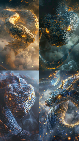 仙蛇，龙角，眼神有流光，腾云驾雾，电影质感，神秘东方美学，8k高清，宏伟场景，细腻毛发，庄严表情，详细节，金色鳞片，广角镜头，柔和侧光，神秘氛围，庄严感，金色与深蓝调，神秘与威严，正面，全身，震撼，cg，三维，虚幻引擎，仙侠世界，遮天蔽日。