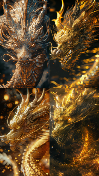 麒麟，龙角，眼神凶戾，鳞片，仙气缭绕，全局照明，全景视角，黄色和黑色调，线条细致的，精细的细节，超高分辨率，超高清画面，详细细节