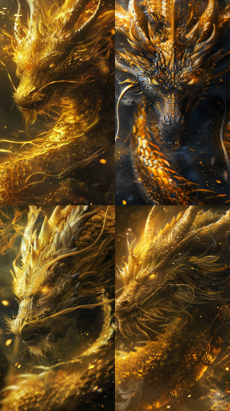 麒麟，龙角，眼神凶戾，鳞片，仙气缭绕，全局照明，全景视角，黄色和黑色调，线条细致的，精细的细节，超高分辨率，超高清画面，详细细节
