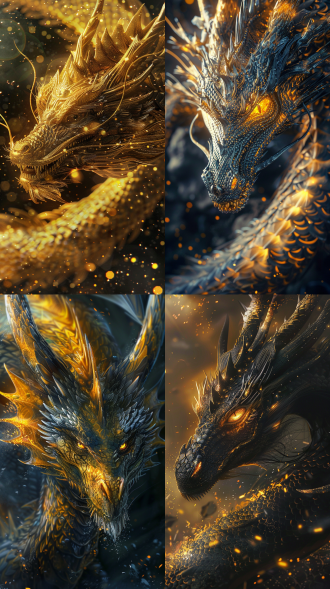 麒麟，龙角，眼神凶戾，鳞片，仙气缭绕，全局照明，全景视角，黄色和黑色调，线条细致的，精细的细节，超高分辨率，超高清画面，详细细节