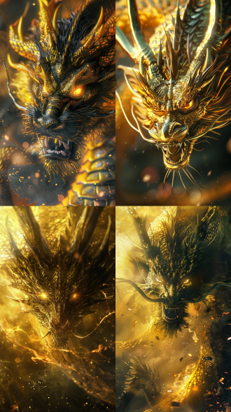 麒麟，龙角，眼神凶戾，震撼，鳞片，仙气缭绕，全局照明，全景视角，黄色和黑色调，线条细致的，精细的细节，超高分辨率，超高清画面，详细细节