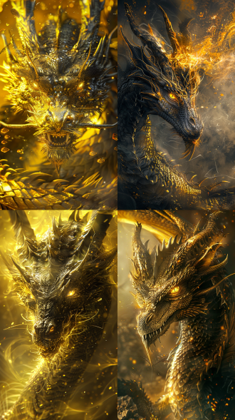 麒麟，龙角，眼神凶戾，震撼，鳞片，仙气缭绕，全局照明，全景视角，黄色和黑色调，线条细致，精细的细节，详细细节，超高分辨率，超高清画面，详细细节