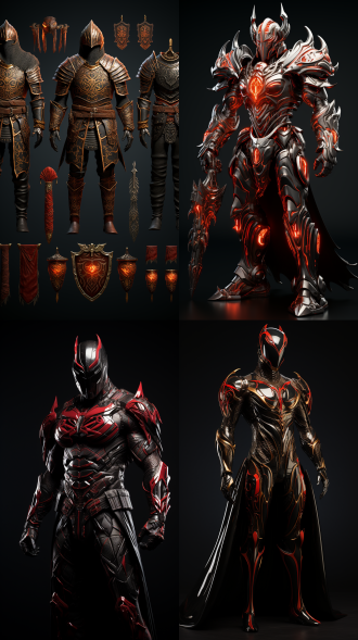 男性战士，正面站姿多姿态，全身展示，中古世纪未来科技风，红铠甲装备，持剑，威严强壮，金属质感，强光照明，角色设计参考表，全身角色，硬光，写实风格。