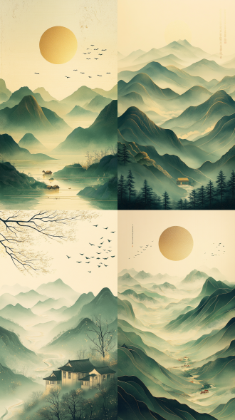 惊蛰节气海报，敦煌风，青绿渐变，航拍淡云远山、云雾农田农舍小溪白鹭，金粉勾勒，淡雅水彩，中国风绘本，高质量摄影。