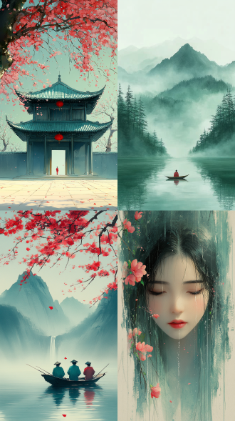 中国风水墨世界，群山大江瀑布栈桥，粉桃林点缀，唐船隐现，极简留白，青色主调，特写，空灵宁静，高级梦幻，全息打印感。