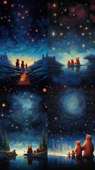 星空下的童话世界，dr. seuss风格，高桥和希绘制，欧洲背景，熊家族欢度假期，贝克辛斯基式梦幻设计，1990年代，温暖色调，广角镜头，柔和光线，仰望星空，温馨，童趣。