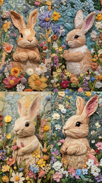 兔子在花丛中，纱线编织，儿童绘画风格，若昂·阿图尔·达席尔瓦，爱德华·巴登，顽皮涂鸦，卡米尔·维维耶，纸上作品，针织和钩编，柔和色彩，自然光，温馨氛围，童趣表情，手工质感，细腻线条，温暖色调，天真无邪。