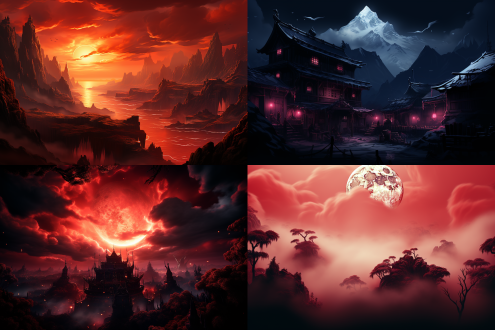 twilight, dark red, continuous mountains, distant view, realistic, soft light, ultra-dreamy