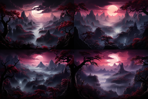 twilight, dark red, continuous mountains, distant view, realistic, soft light, ultra-dreamy