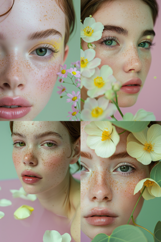 少女特写侧面，ins风格，自然光，50mm镜头，淡紫色背景，花瓣点缀，紫色调，简洁布局，低饱和度，波普艺术元素，抽象艺术感，树叶装饰，纯色背景，高清细节，冷静氛围，白色小花朵，绿色树叶包围。