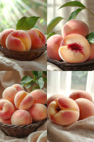 桃子在铁艺篮子中，粉色桃子表面细腻，阳光透过复古布料照射，油画构图，微距镜头100mm，特写，桃子劈开，柔和光线，复古风格，温暖色调，自然光，静物，细腻质感，汁水感，鲜嫩。