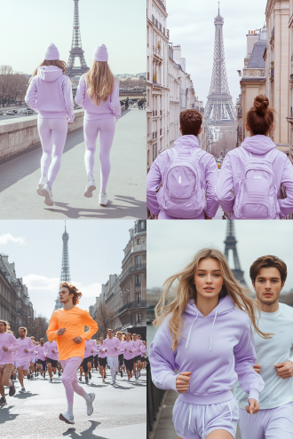 奥运会运动员跑步半侧面，巴黎街道埃菲尔铁塔背景，60度角度拍摄，薰衣草紫色调，ins风格，低饱和度，街道背景，运动装，专注表情，广角镜头，自然光，动态捕捉，活力，优雅。