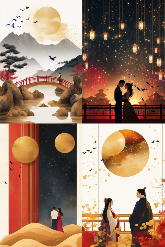 七夕情人节，星空下鹊桥，高雅深蓝背景，抽象风格，古风中式桥梁，桥上男女约会，拱桥设计，红金色点缀，沙粒质感，浪漫氛围，男女情人相视，深情对望，星光闪烁，长曝光，柔和侧光，广角镜头，梦幻色彩，温馨情感。