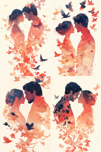 情侣，男女，中国风画面，唯美意境，暖色调，柔和光线，广角镜头，细节丰富，中国水墨，七夕，情人节，全景长卷轴，中国墨，暖色调，柔和光线，广角镜头，细节丰富，唯美意境，鸟重影，组合人物，长曝光，慢快门，水墨风格，传统服饰，含情脉脉，浪漫氛围，自然景观，山水背景，诗意表达，文化符号，情感交流，艺术融合，历史传承，现代审美，视觉冲击，情感共鸣。