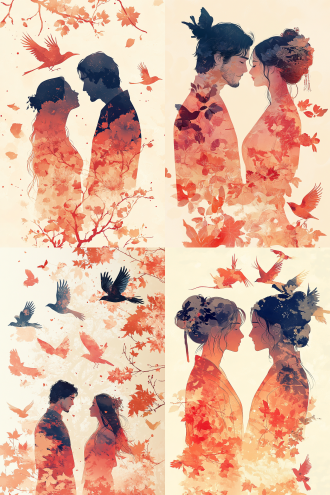 情侣，男女，中国风画面，唯美意境，暖色调，柔和光线，广角镜头，细节丰富，中国水墨，七夕，情人节，全景长卷轴，中国墨，暖色调，柔和光线，广角镜头，细节丰富，唯美意境，鸟重影，组合人物，长曝光，光晕效果，浪漫氛围，传统服饰，含情脉脉，水墨山水背景，诗意盎然，情感交融。