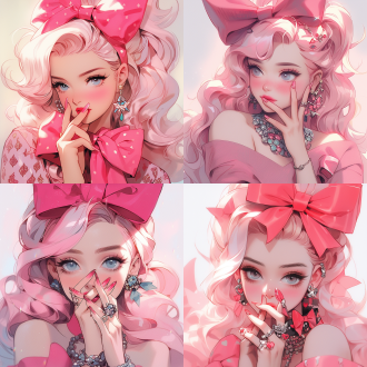 一个女生，粉色的头发，手上涂着美甲，比着一个嘘的动作，五官高光，化妆，红唇，穿着小香风套装，头上戴着蝴蝶结发带，芭比风格，最高画质，最佳杰作，高分辨率