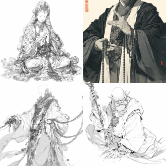 中国画白描风格，黑白线稿，肥大僧袍，罗汉形象，和尚手持佛珠，3d彩色效果，清晰背景，8k高清，尺寸标注，细节解释，动态，精致。黑白对比，线稿细节，僧袍质感，罗汉表情，佛珠光泽，3d渲染，高清细节，背景简洁，动态捕捉，精致工艺。