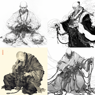 中国画白描风格，黑白线稿，肥大僧袍，罗汉形象，和尚手持佛珠，3d彩色效果，清晰背景，8k高清，尺寸标注，细节解释，动态，精致。黑白对比，线稿细节，线条粗细轻重变化，8k分辨率，3d渲染，高细节，动态捕捉，精致雕刻，黑白对比，线条艺术，粗细变化，轻重对比，动态表现，精致工艺。