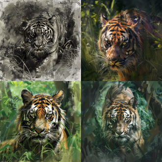 老虎在丛林，线条艺术，高品质，超级细节，树干纹理清晰，老虎毛发细腻，仰视角度，自然光，长焦镜头，动态模糊，森林背景，柔和色调，专注表情。梦达芬奇素描手稿画风，中国工笔画细腻丝毛法，绘制草丛，素描色调。