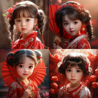 魅力小女孩，大眼睛长睫毛，绣花红裙，团扇，可爱表情，圆润脸颊，长发双辫，银首饰耳环，卡通风格，中国画风，牡丹花背景，3d渲染，特写镜头，柔和光线，生动表情，鲜艳色彩，温馨氛围。