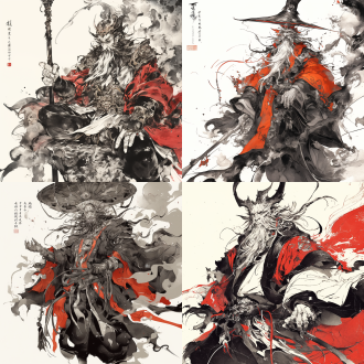 中国画水墨风格，黑白线稿，络腮胡，虬髯，红色官袍，乌纱帽，钟馗，捉鬼大神，3d彩色效果，清晰背景，8k高清，尺寸标注，细节解释，动态，精致。黑白对比，线稿细节，线条粗细轻重变化，8k分辨率，3d渲染，高细节，动态捕捉，精致工艺，黑白对比，线条艺术，粗细变化，轻重对比，动态表现，精致描绘。