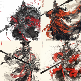 中国画水墨风格，黑白线稿，络腮胡，虬髯，红色长袍，乌纱帽，唐代服饰，钟馗，捉鬼大神，手握长剑，大眼睛，雄伟健壮，3d彩色效果，清晰背景，8k高清，尺寸标注，细节解释，动态，精致。黑白对比，线稿细节，线条粗细轻重变化，8k分辨率，3d渲染，高细节，动态捕捉，精致工艺，黑白对比，线条艺术，粗细变化，轻重对比，动态表现，精致描绘。